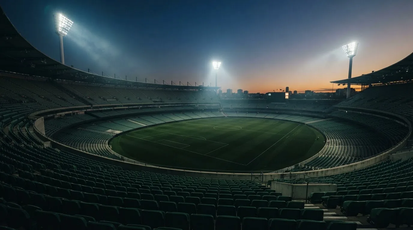 An empty football stadium with floodlight masts at dusk