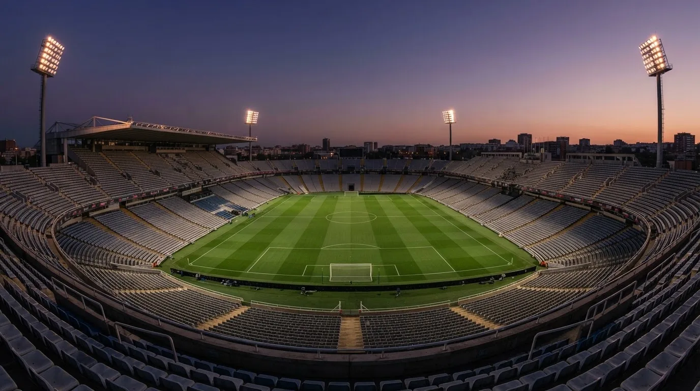 An empty football stadium with floodlight masts at dusk
