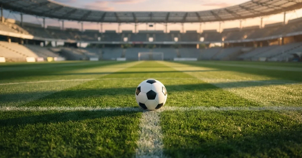 A ball on the centre spot of a grass pitch in morning light