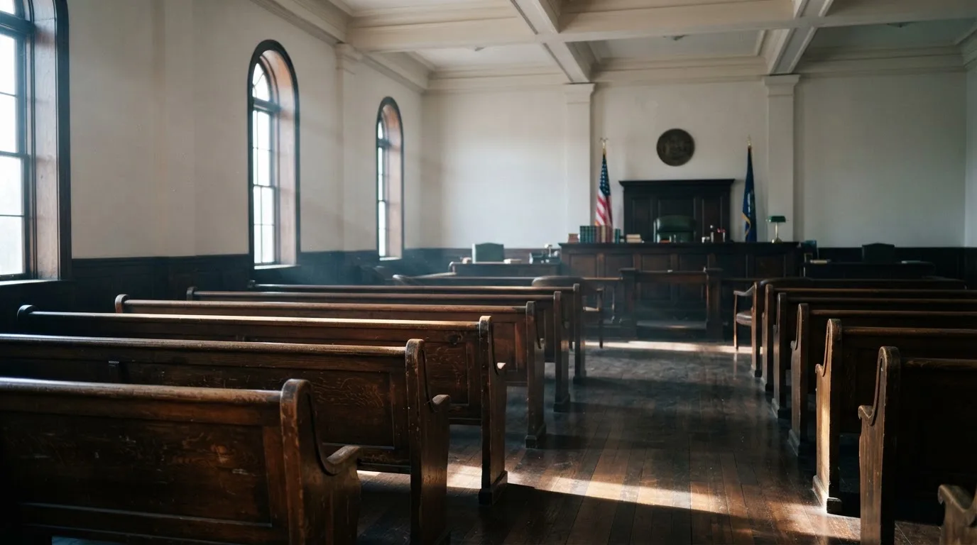 An empty courtroom with wooden benches in morning light