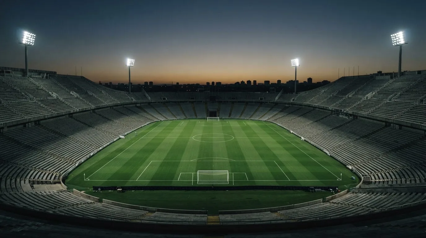 An empty football stadium with floodlight masts at dusk