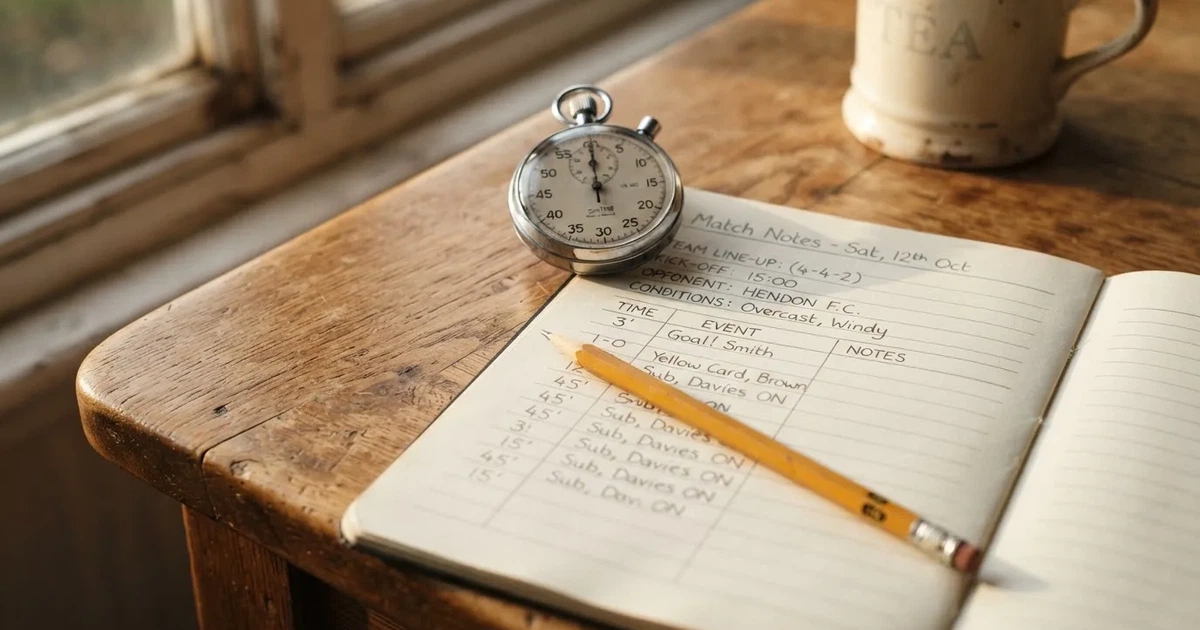 An open notebook with a pencil and a stopwatch on a wooden table