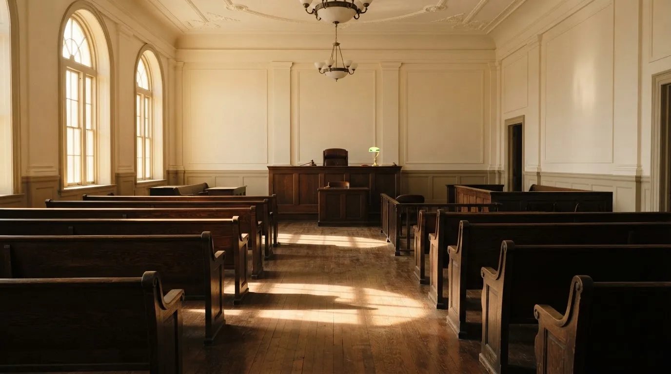 An empty courtroom with wooden benches in morning light