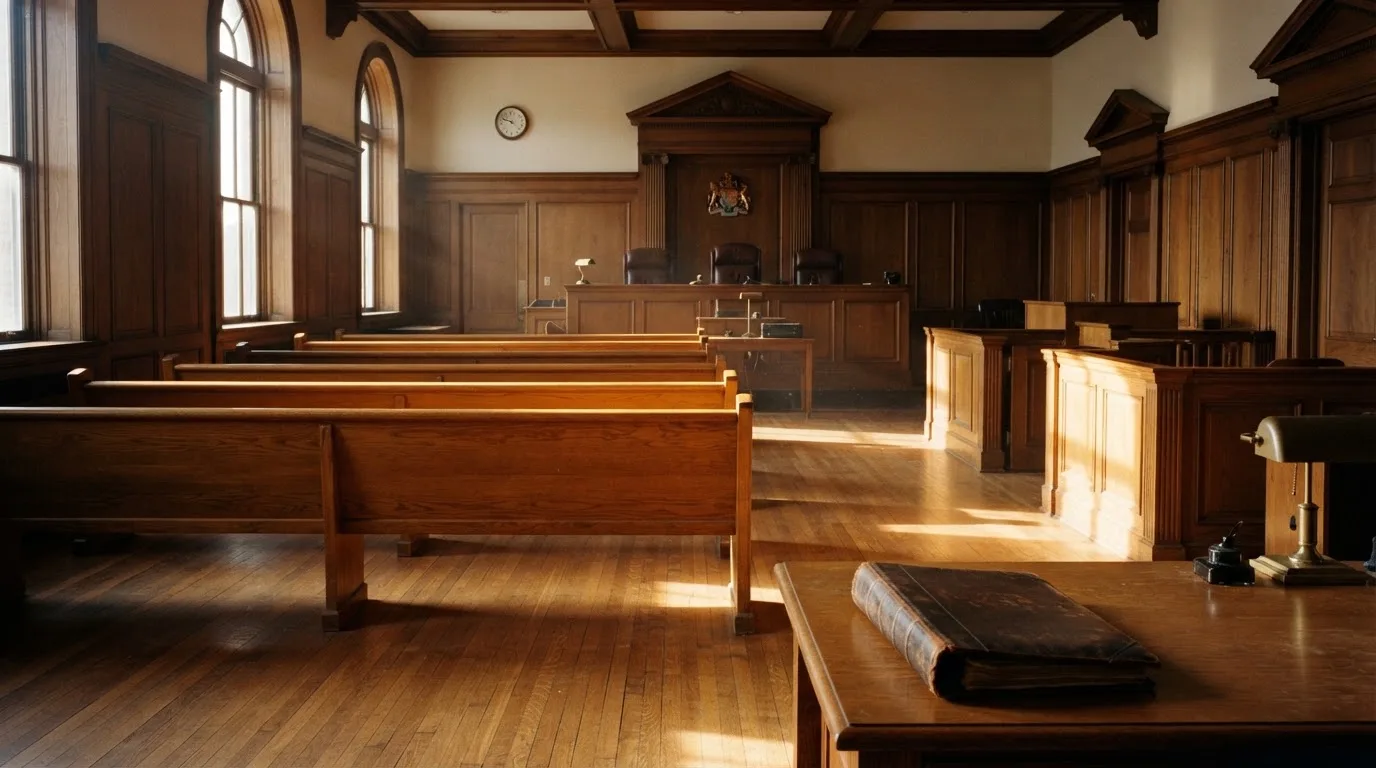 An empty courtroom with wooden benches in morning light