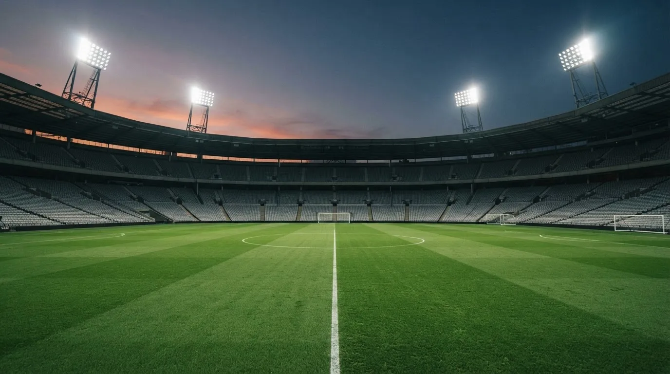 An empty football stadium with floodlight masts at dusk