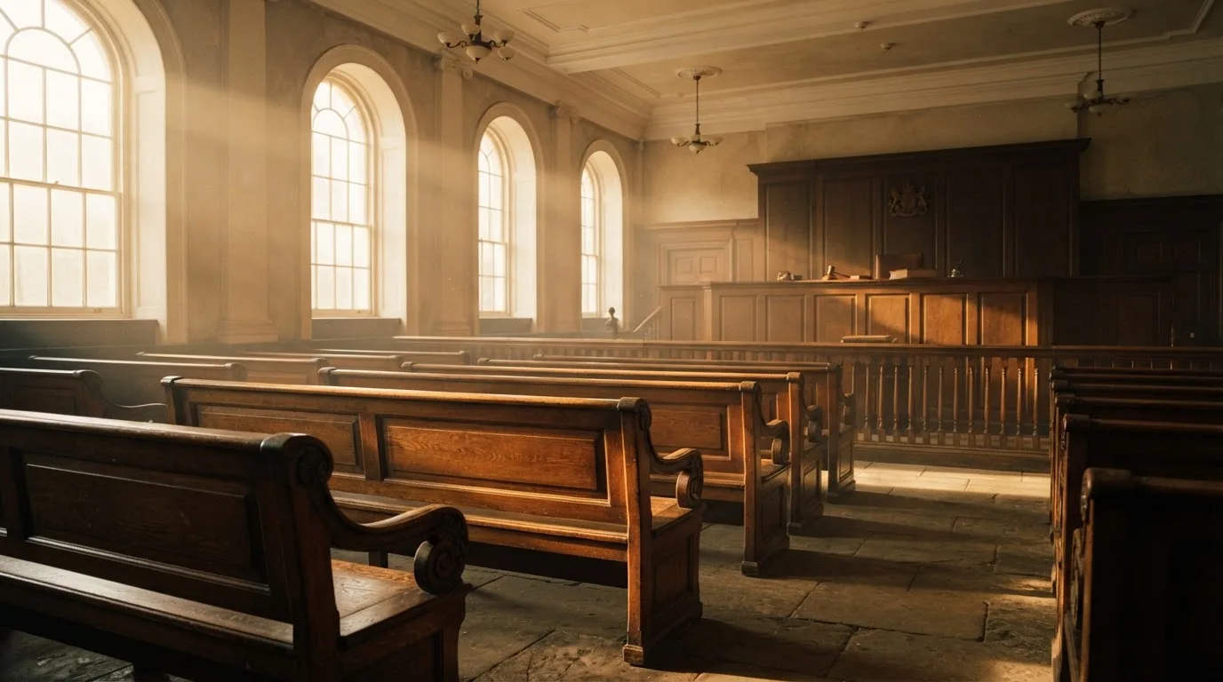 An empty courtroom with wooden benches in morning light
