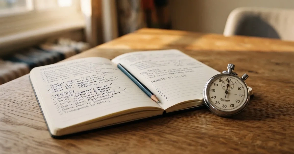 An open notebook with a pencil and a stopwatch on a wooden table