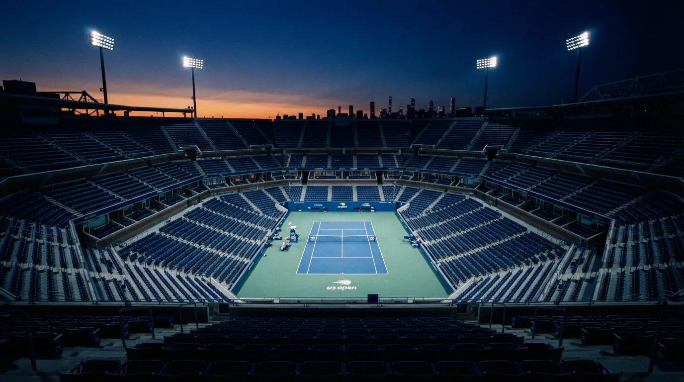 An empty football stadium with floodlight masts at dusk