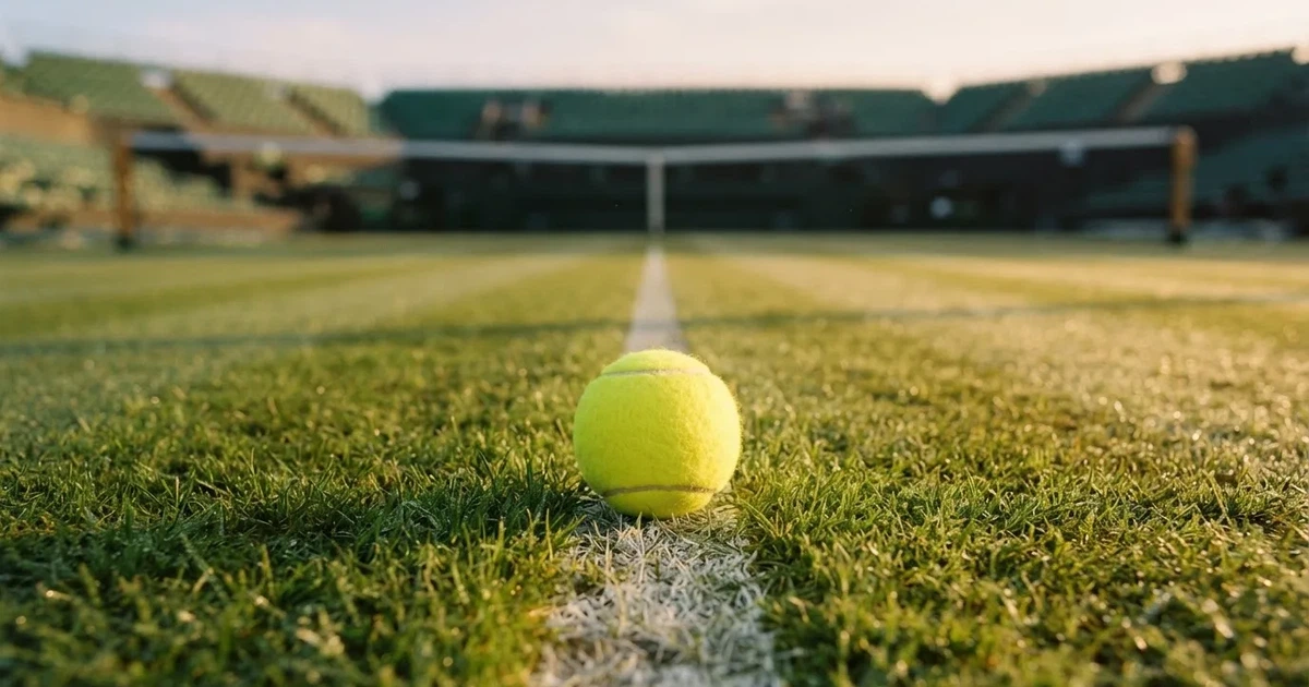 A ball on the centre spot of a grass pitch in morning light