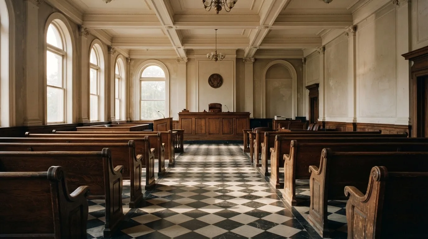 An empty courtroom with wooden benches in morning light