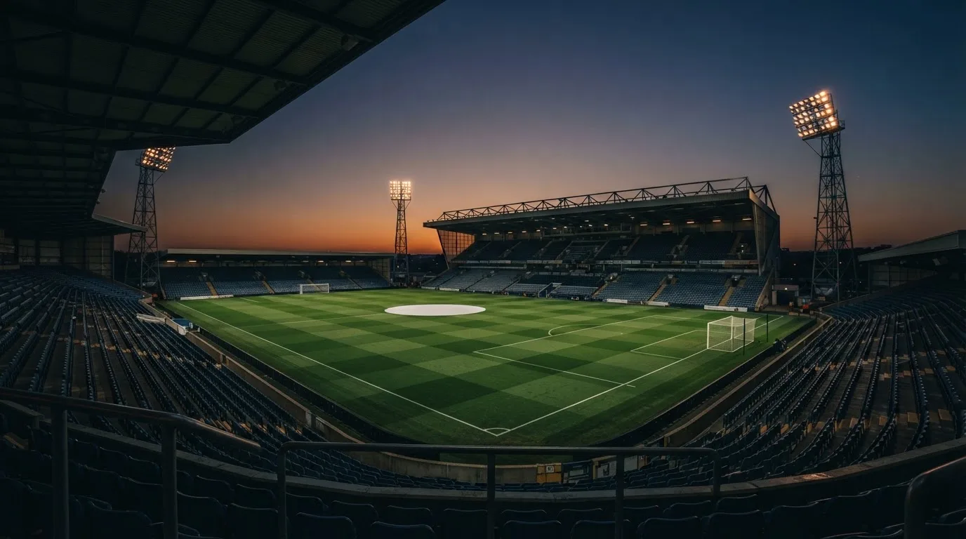 An empty football stadium with floodlight masts at dusk