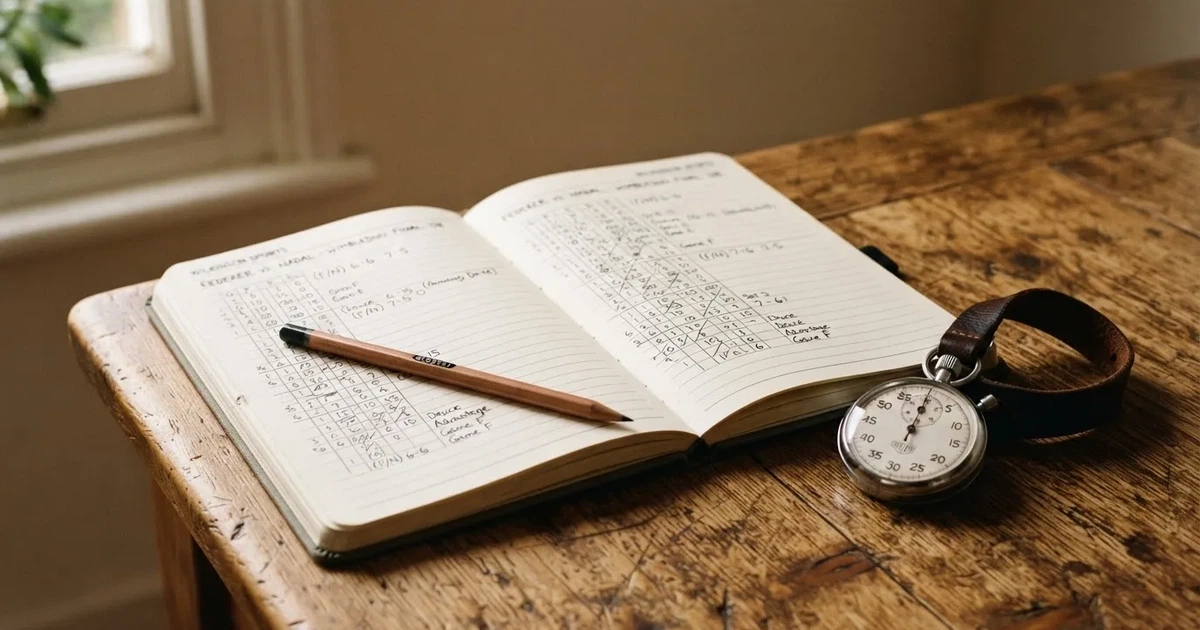 An open notebook with a pencil and a stopwatch on a wooden table