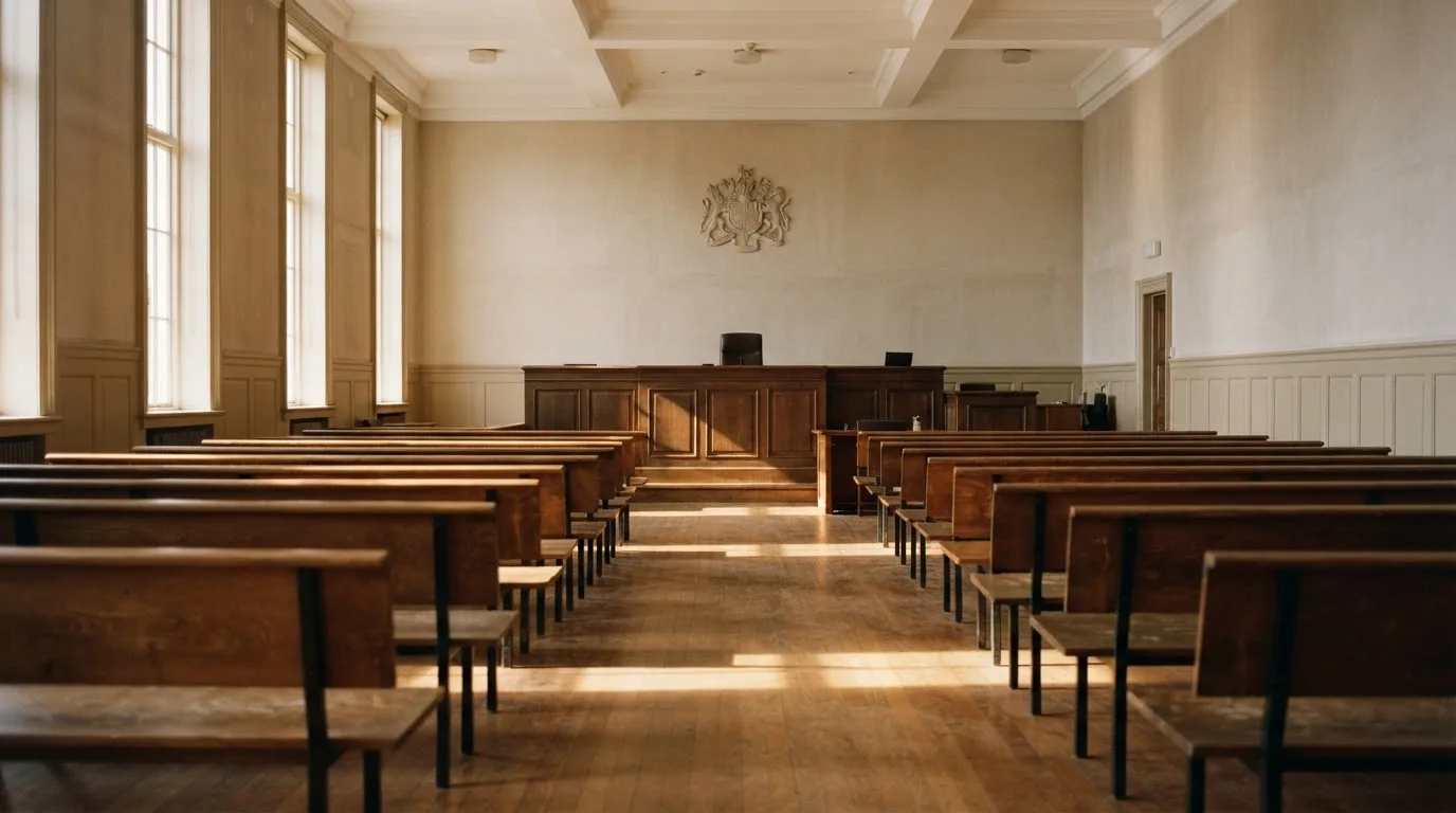 An empty courtroom with wooden benches in morning light