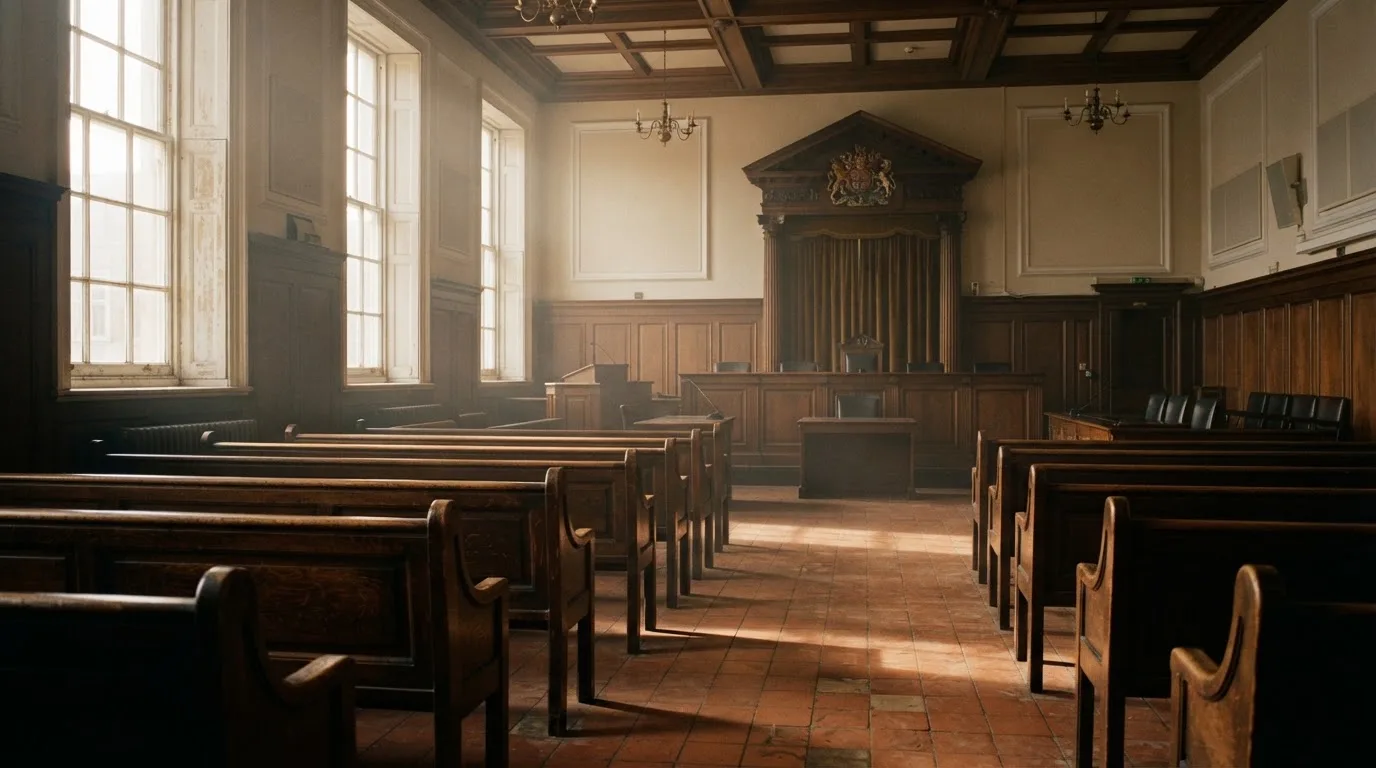 An empty courtroom with wooden benches in morning light