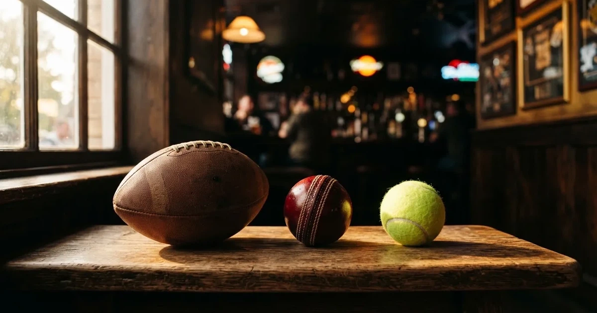 Three balls of different kinds side by side on a wooden bench