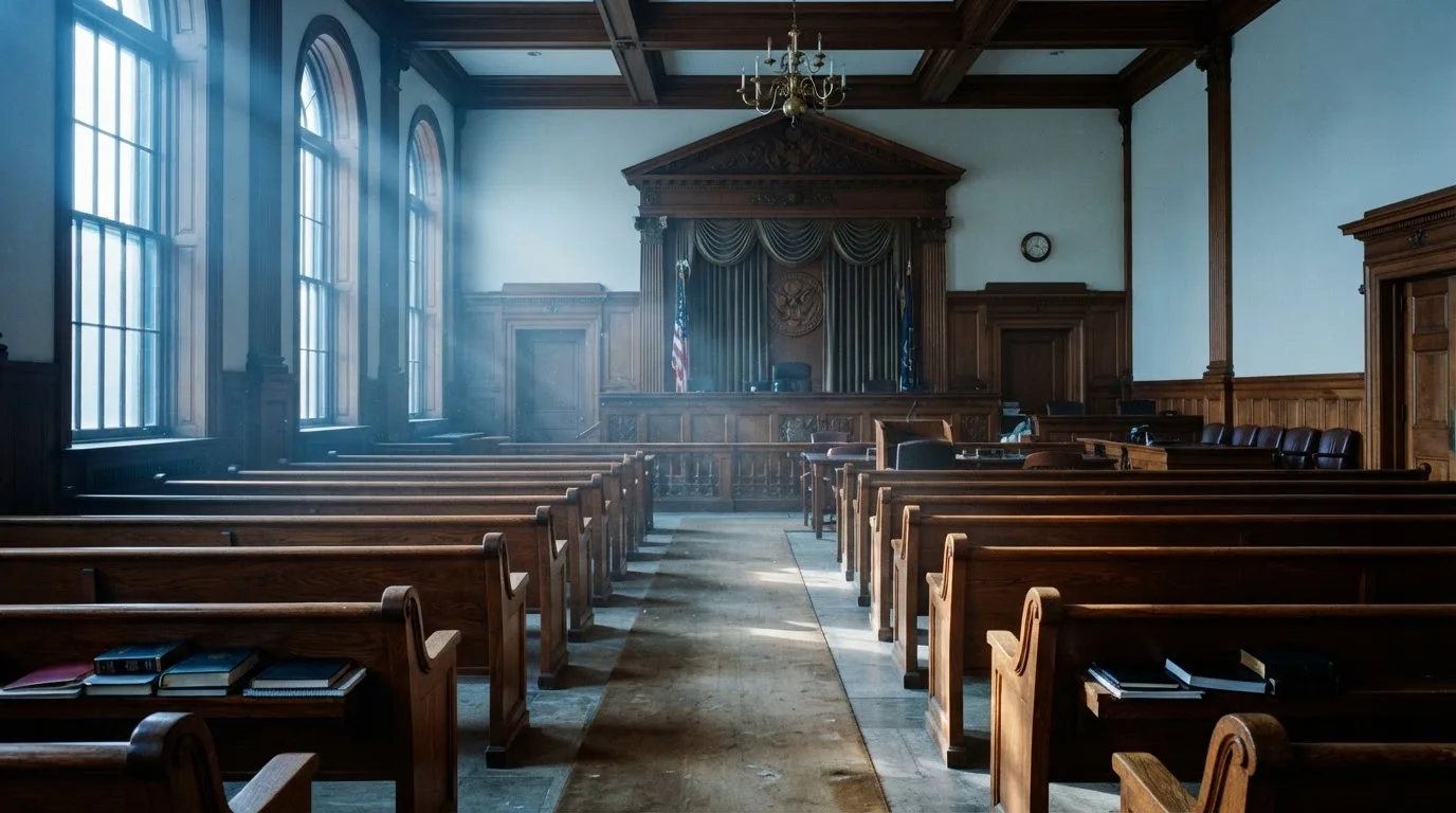 An empty courtroom with wooden benches in morning light
