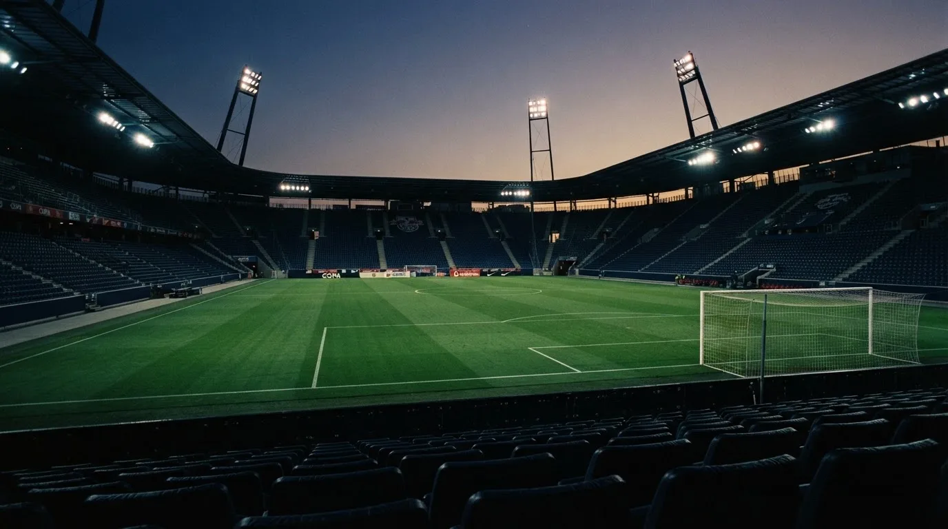An empty football stadium with floodlight masts at dusk