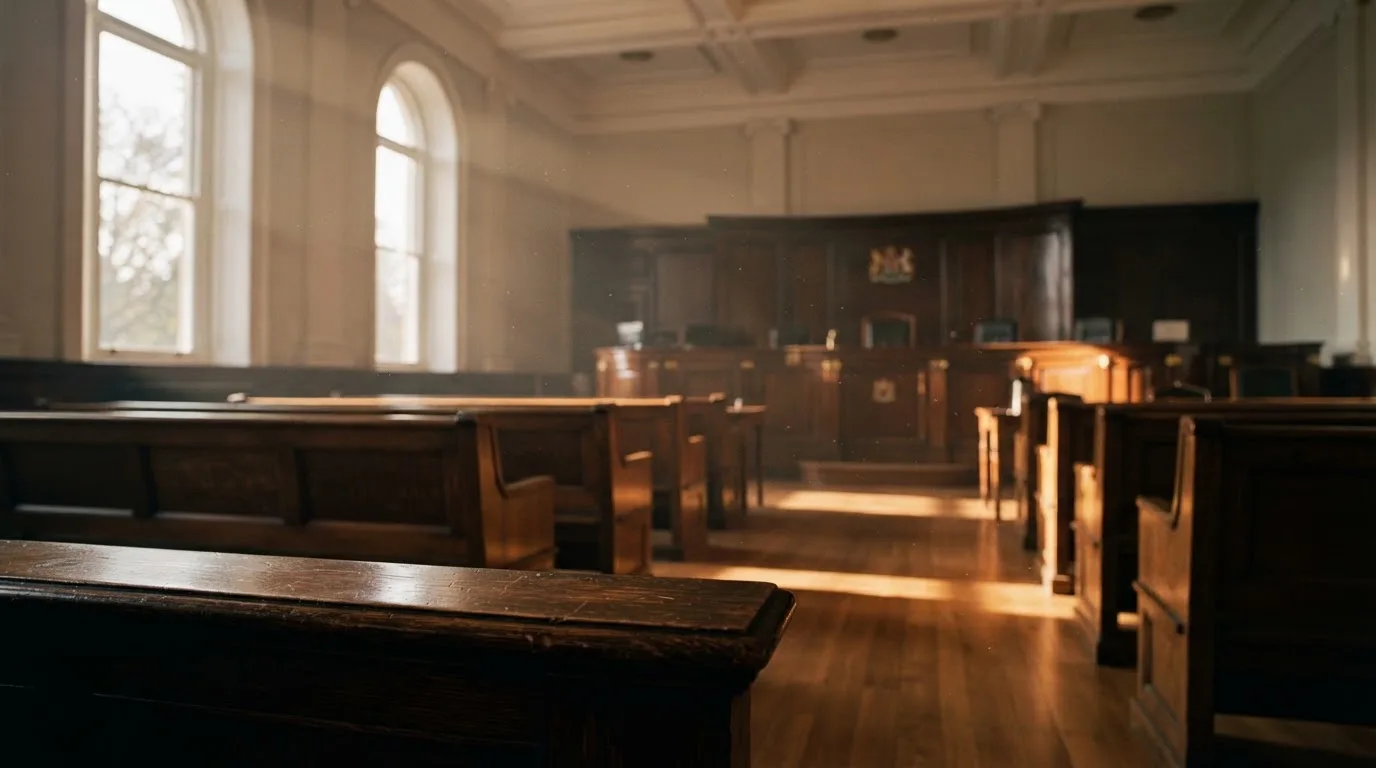 An empty courtroom with wooden benches in morning light
