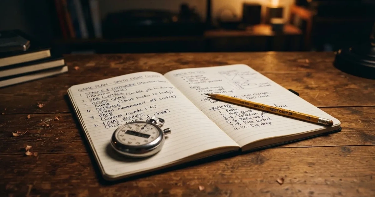 An open notebook with a pencil and a stopwatch on a wooden table