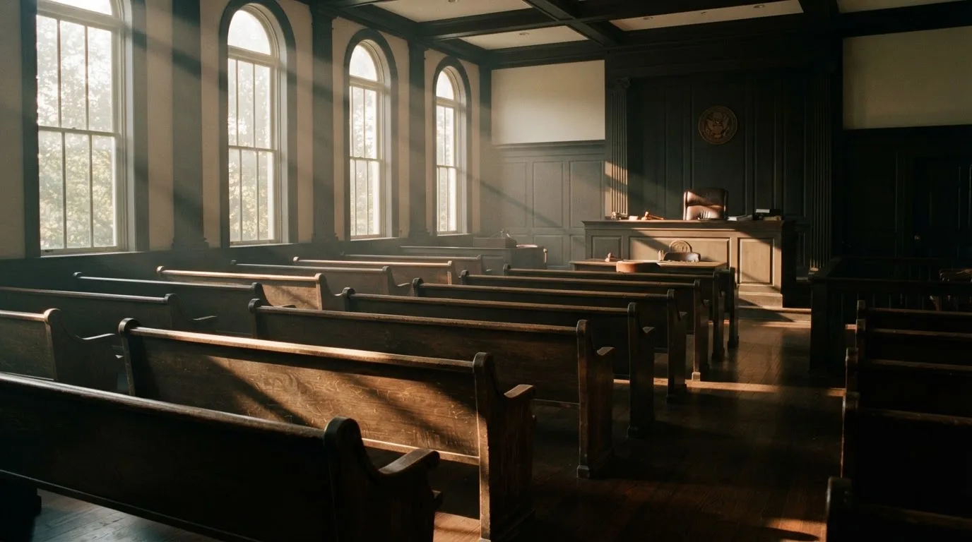 An empty courtroom with wooden benches in morning light