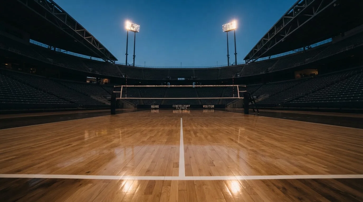 An empty football stadium with floodlight masts at dusk