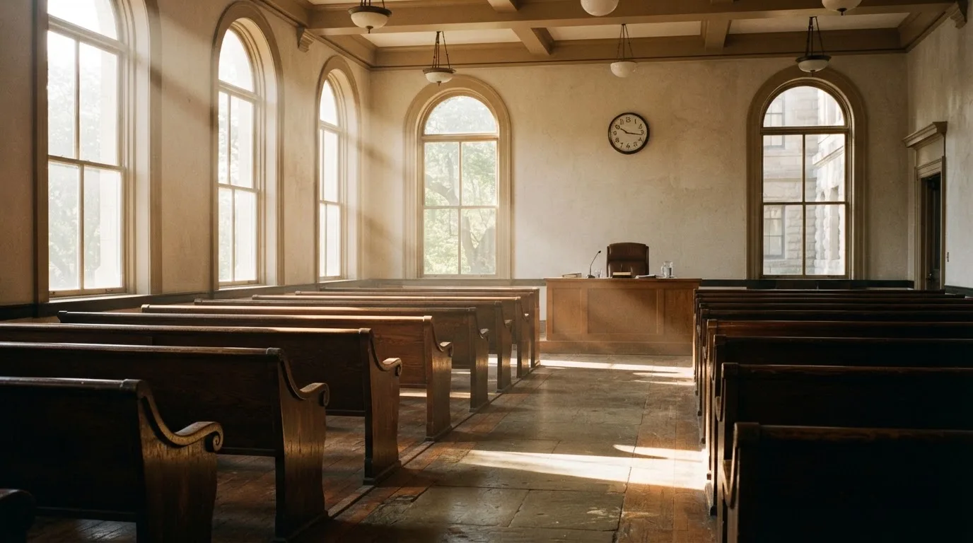 An empty courtroom with wooden benches in morning light