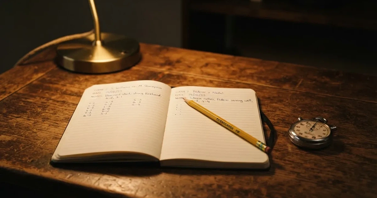 An open notebook with a pencil and a stopwatch on a wooden table