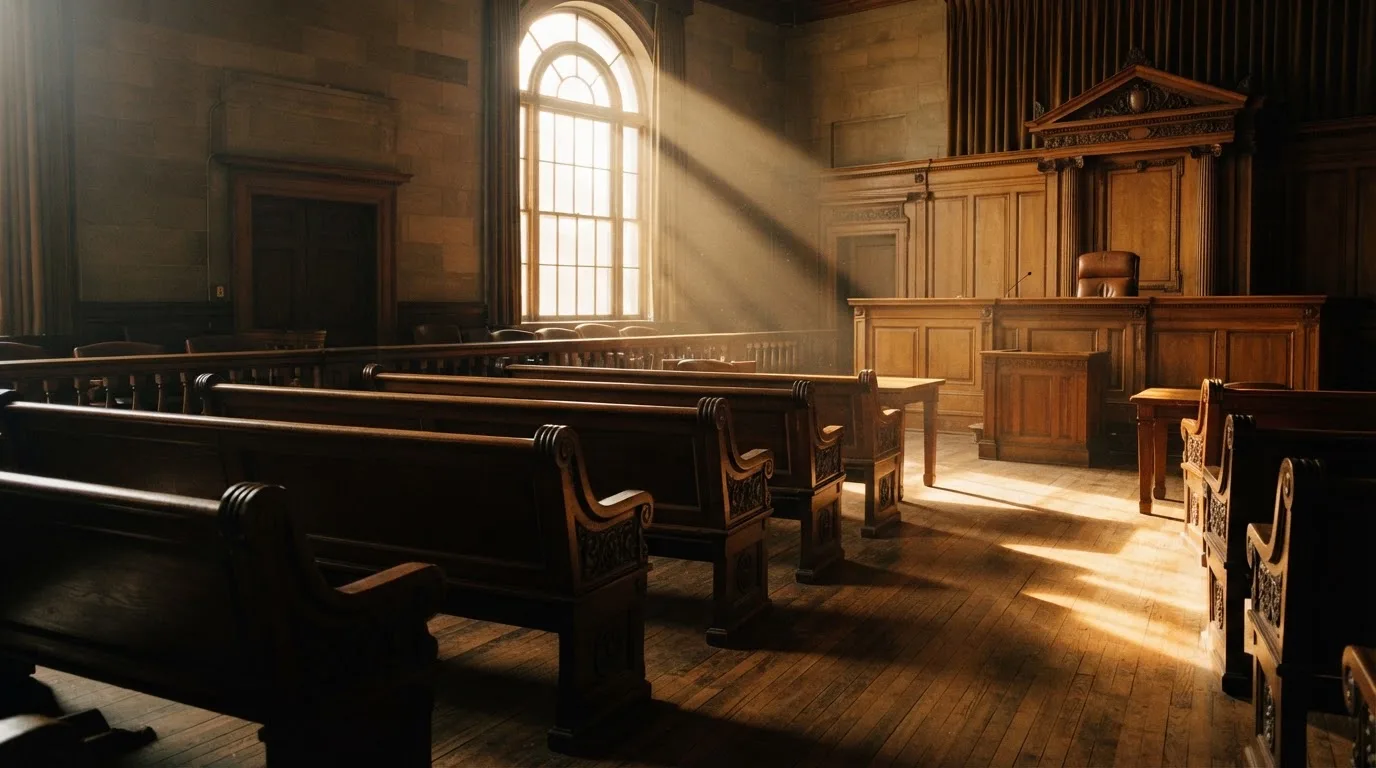 An empty courtroom with wooden benches in morning light