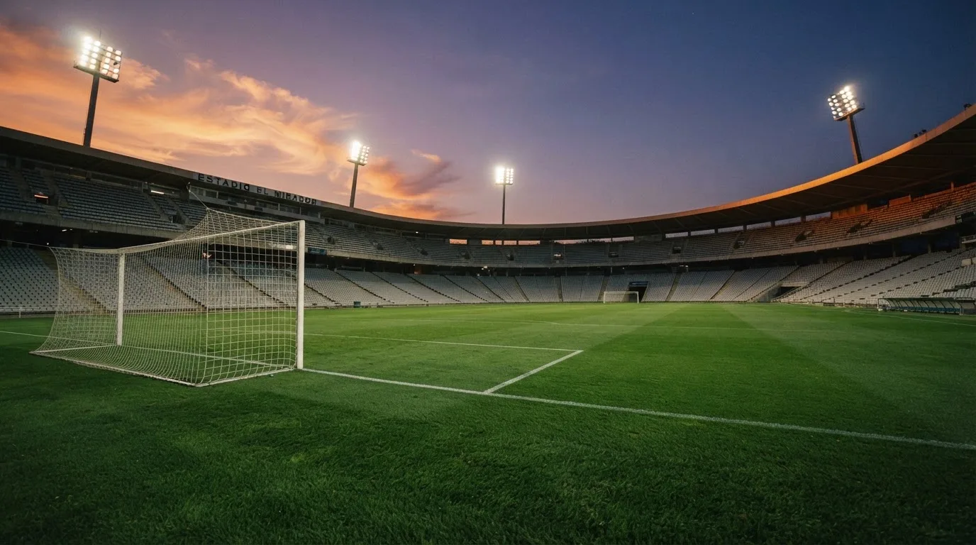 An empty football stadium with floodlight masts at dusk