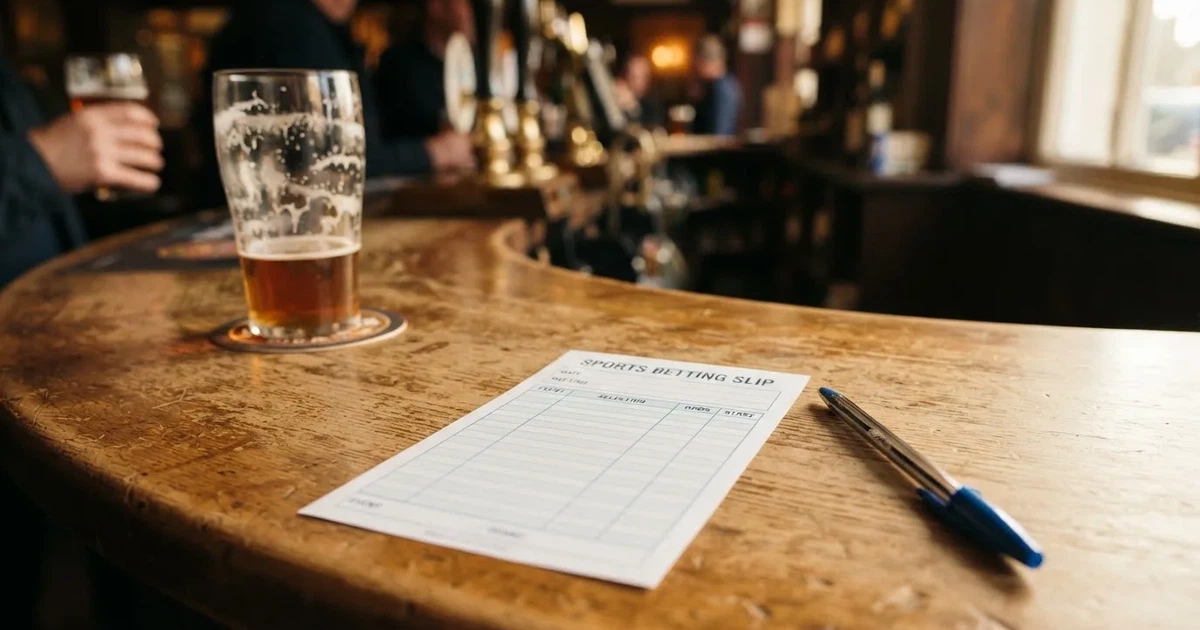 A blank paper betting slip beside a pen on a wooden counter