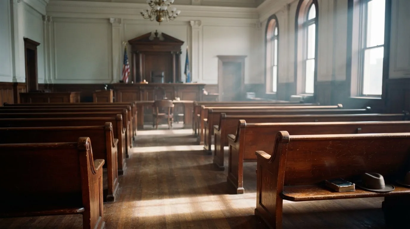 An empty courtroom with wooden benches in morning light