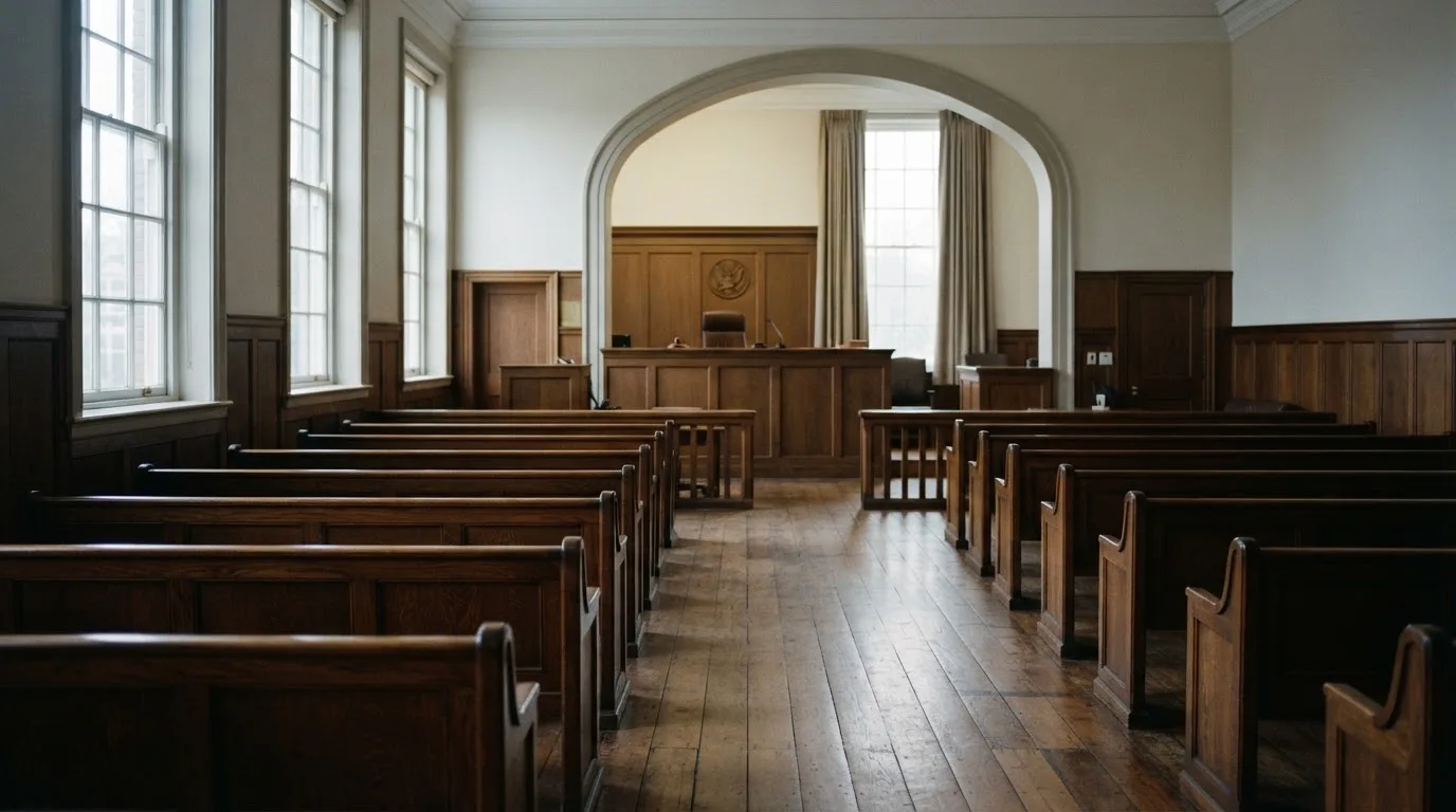 An empty courtroom with wooden benches in morning light