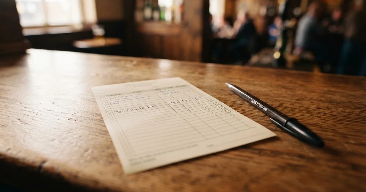 A blank paper betting slip beside a pen on a wooden counter