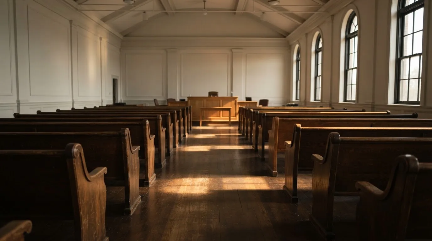 An empty courtroom with wooden benches in morning light