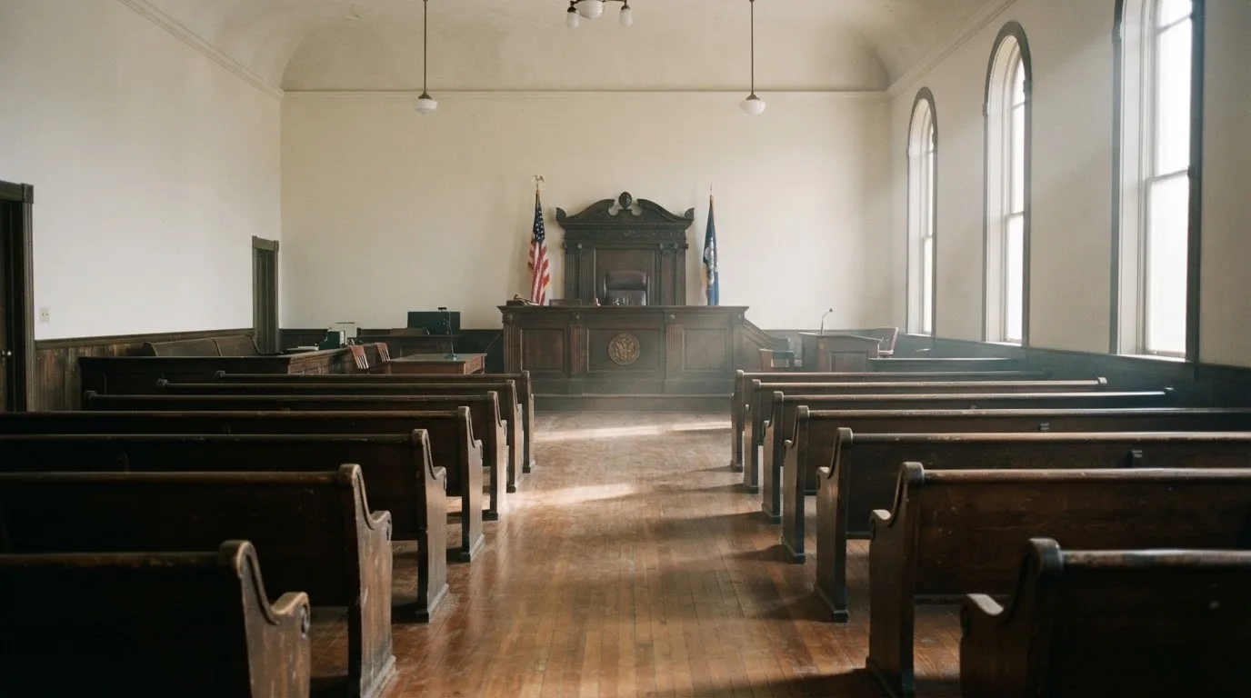 An empty courtroom with wooden benches in morning light
